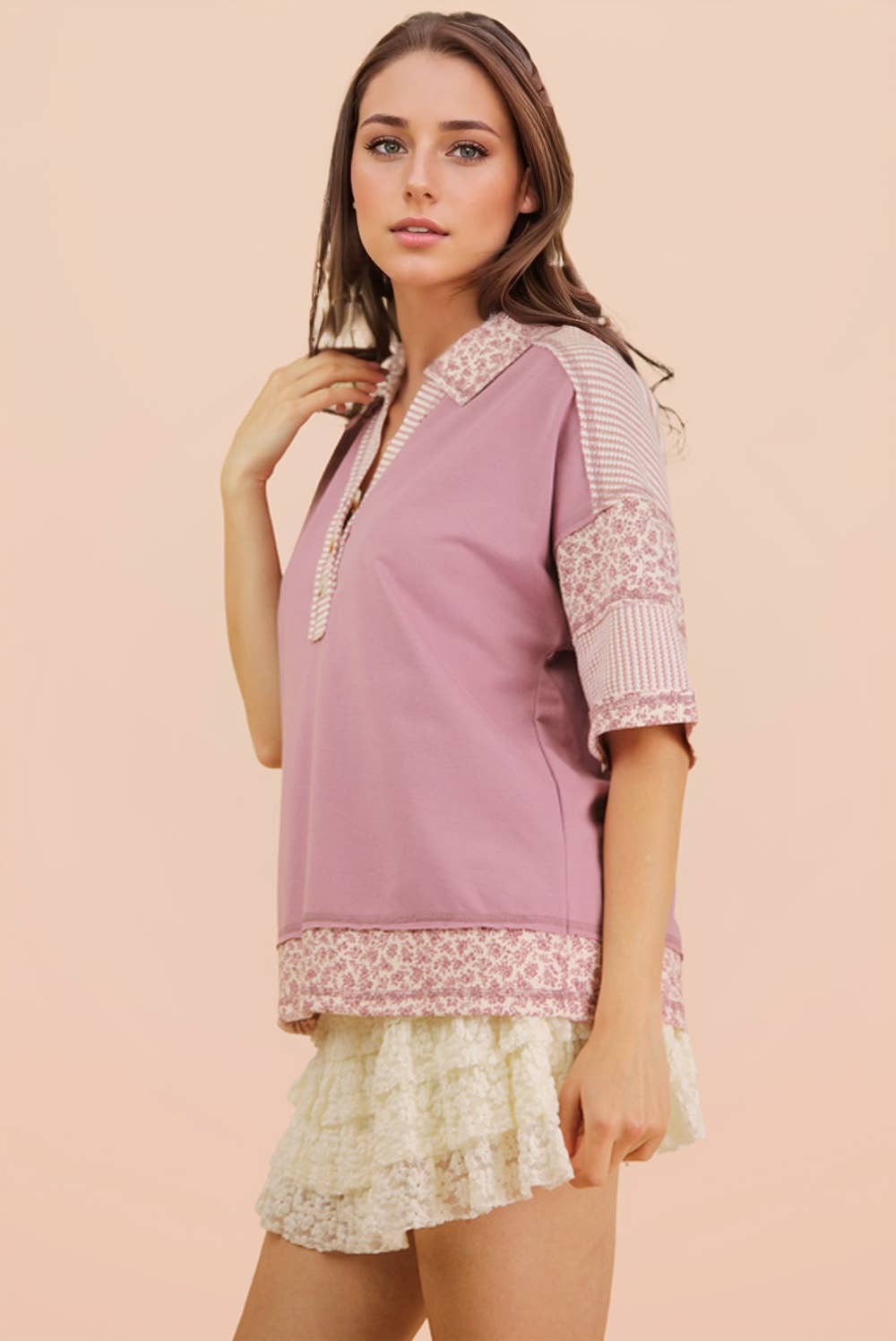 Mauve Oversized Half Button Down Collared Knit Top