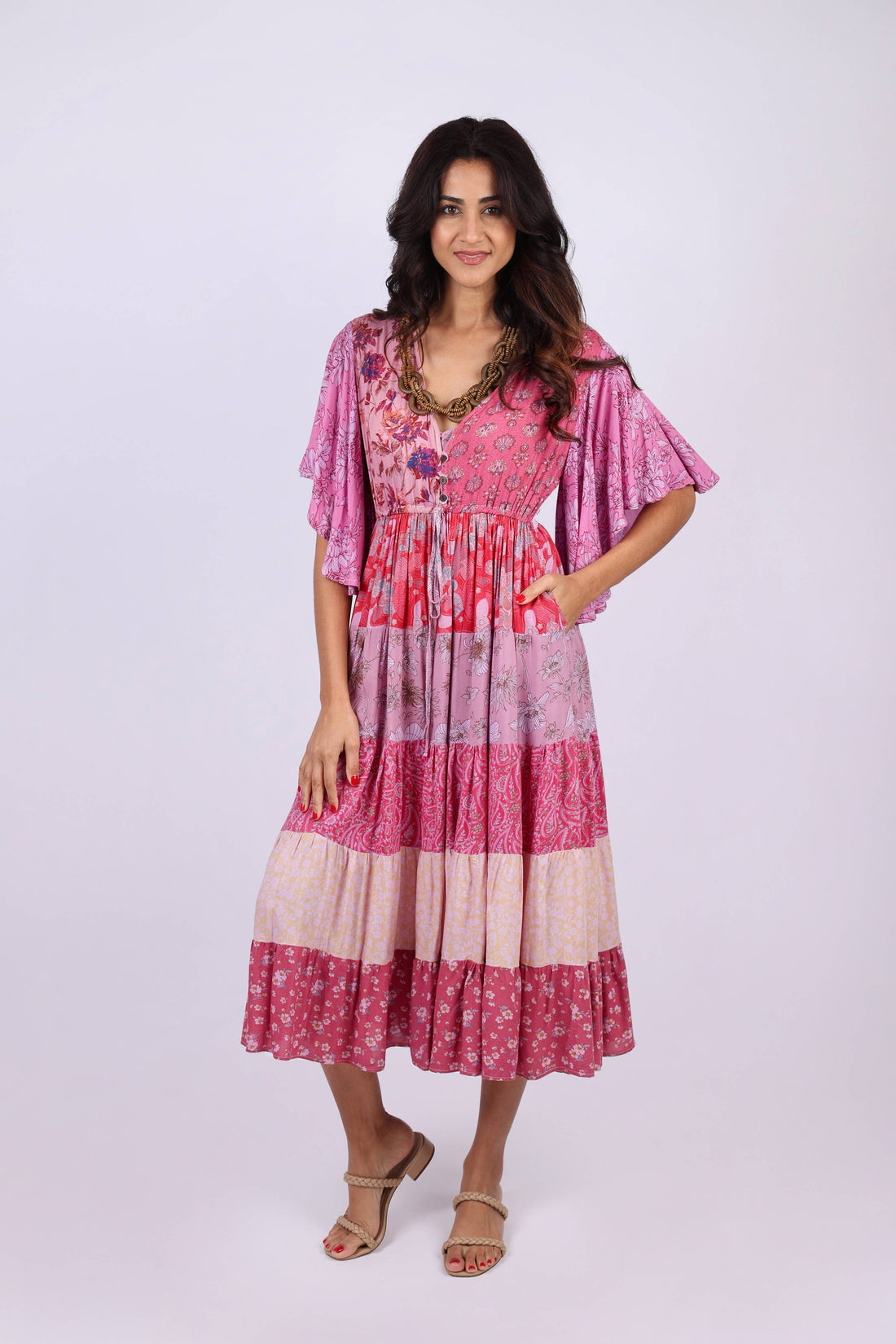 Pink Flora Aura Flutter Sleeve Boho Patchwork Dress