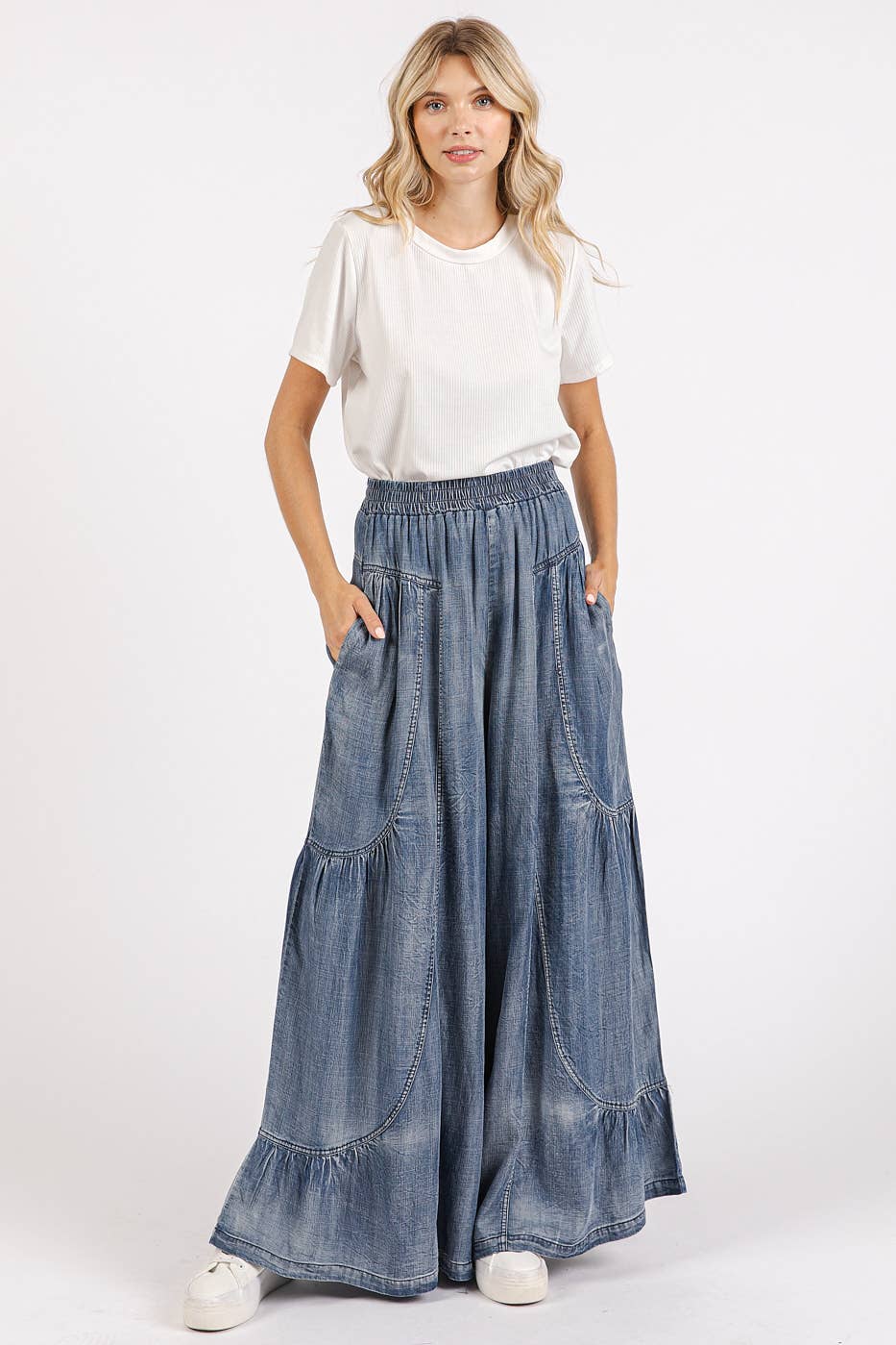 Washed Chambray Tier Detail Wide Leg Pants