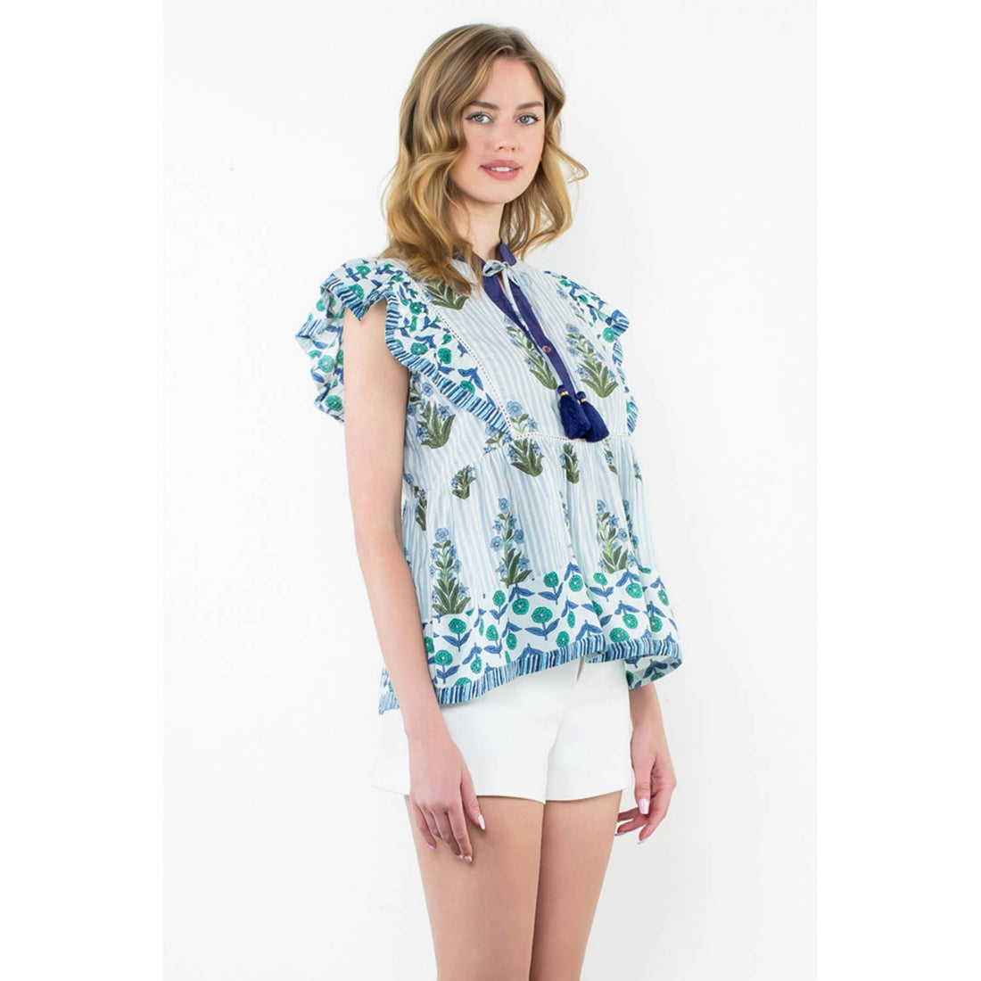 BLUE GREEN Flutter Sleeve Floral Tassel Tie Top