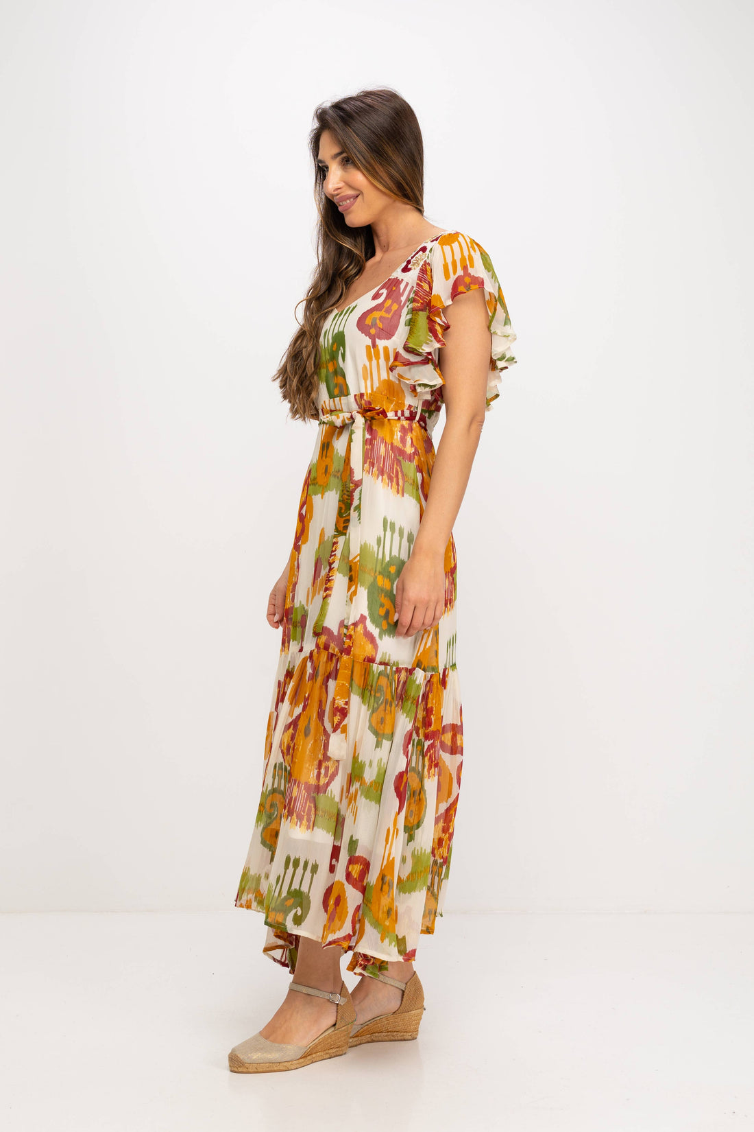 MULTICOLOR RUST GREEN PRINTED LONG DRESS