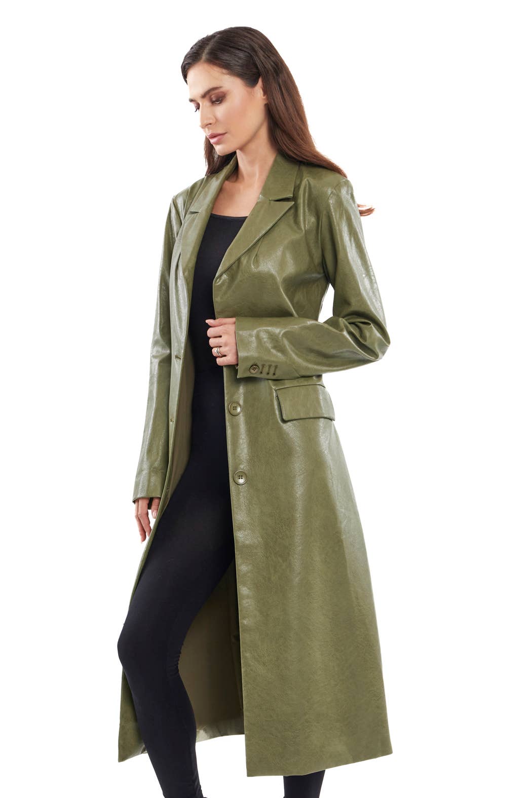 Olive Vegan Leather Long Coat