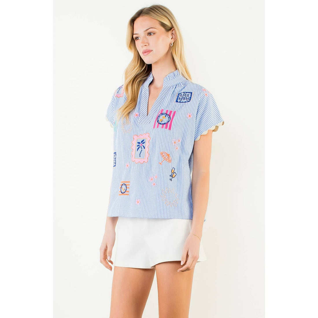 Short Sleeve Embroidery Detail Gingham Top
