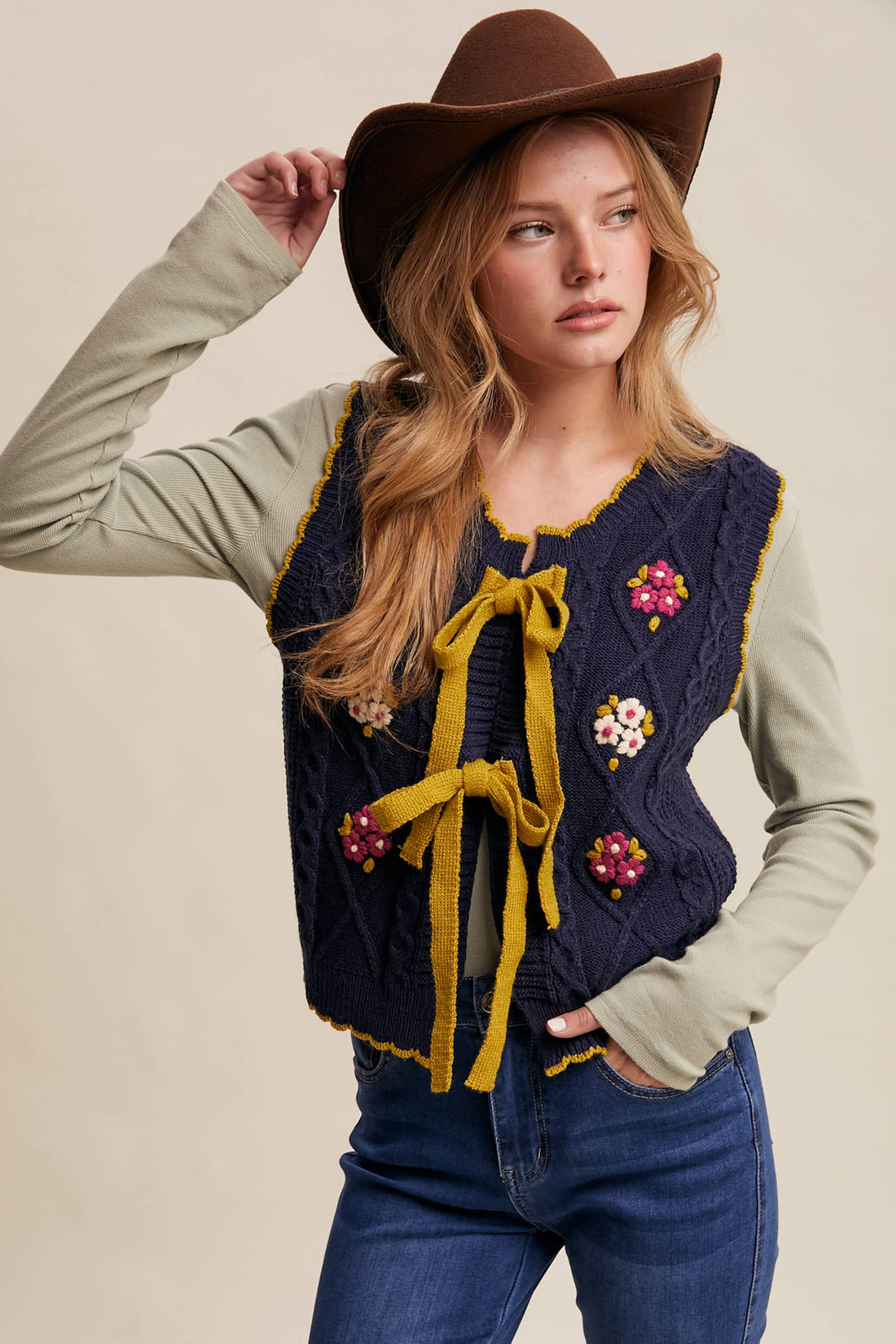 Navy embroidered bow-Tie Floral Knit Vest