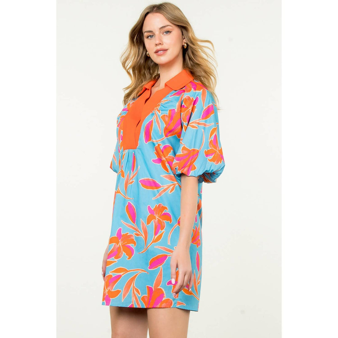 Orange and Blue Puff Sleeve Flower Print Dress