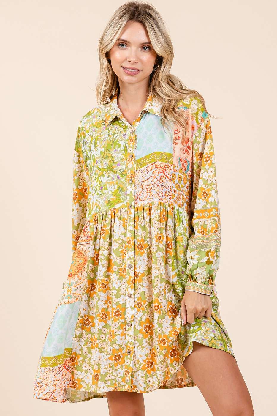 MIXED PATCHWORK PRINT BABYDOLL MINI SHIRT DRESS