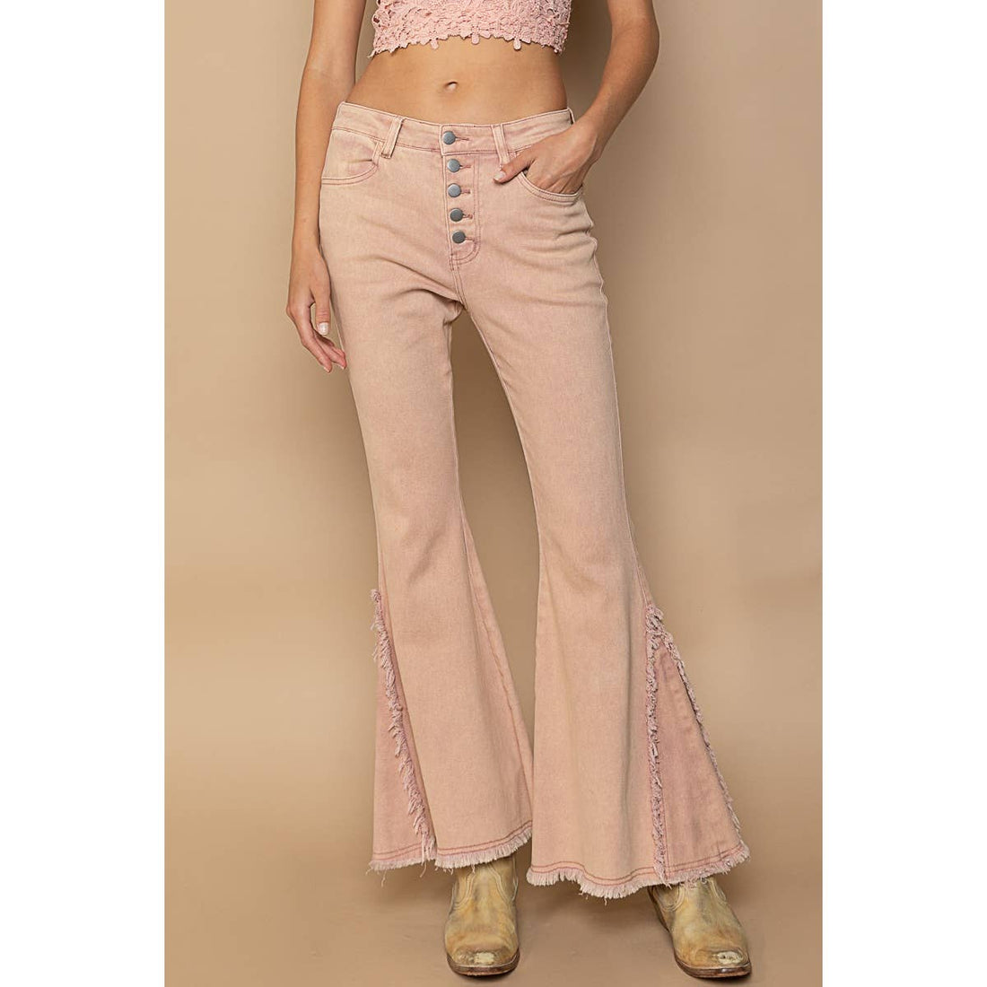 Powder Mauve Frayed edge details pockets stretchable twill flare pants