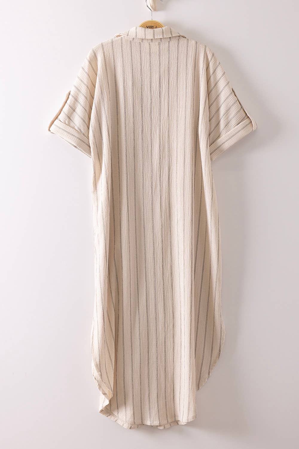 Oatmeal Striped Linen Midi Button Down Shirt Dress