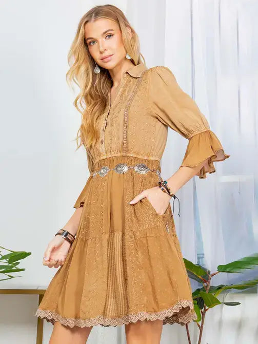 Bohemian Camel hand embroideredTiered Lace Detailing Dress