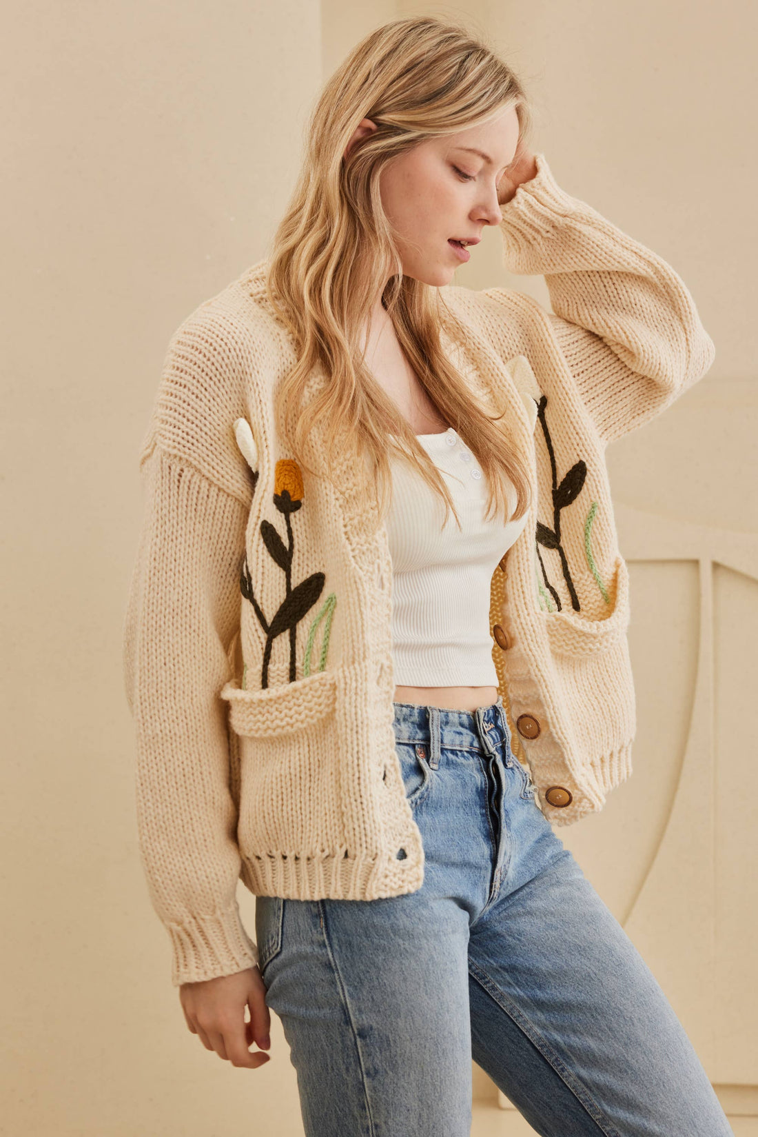 Cream Flower Embroidered Knit Cardigan