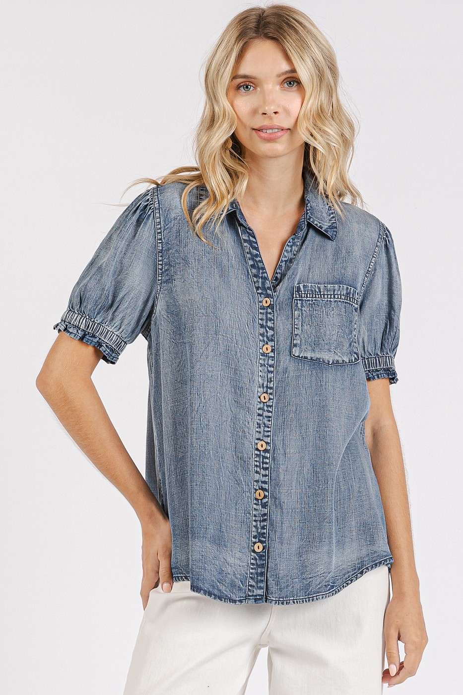 Washed Chambray Puff Sleeve Button Up Collar Shirt