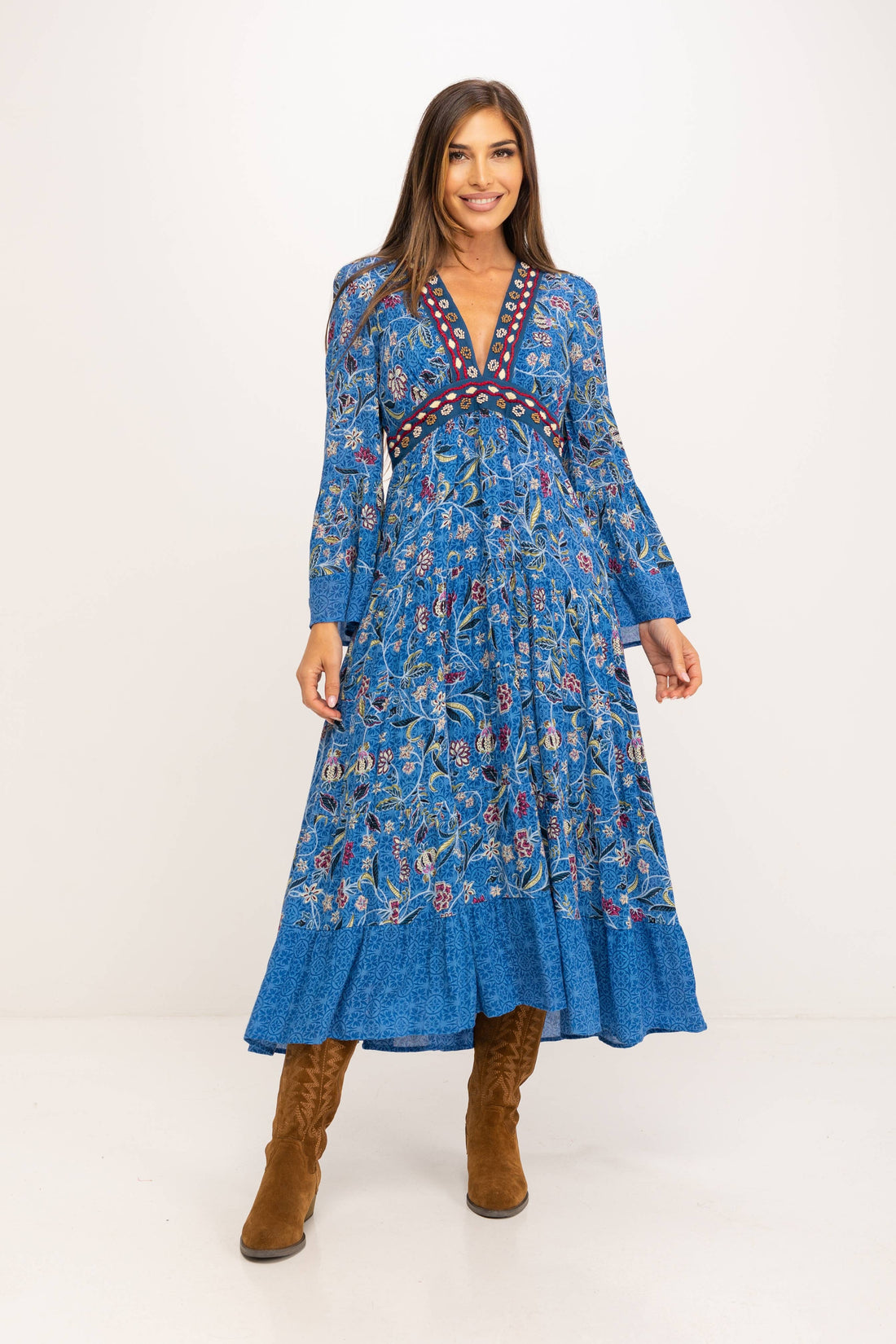 INDIGO V-NECK EMBROIDERED MAXI DRESS