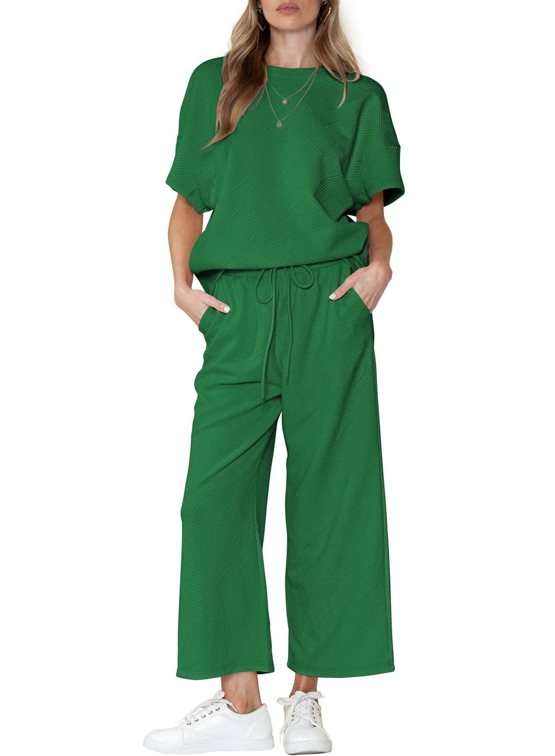 Kelly Green Textured Loose Fit T Shirt and Drawstring Pants Set