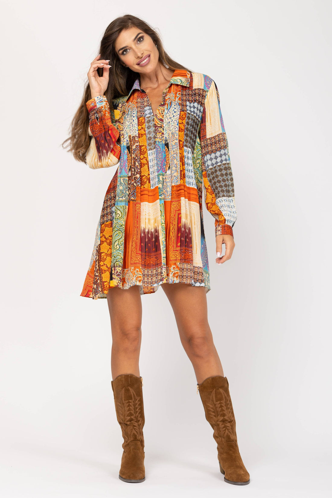 PATCHWORK PRINTED TUNIC DRESS