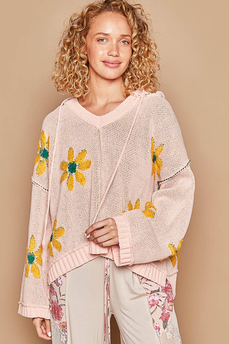 Hooded v-neck floral pattern ribbed openings sweater