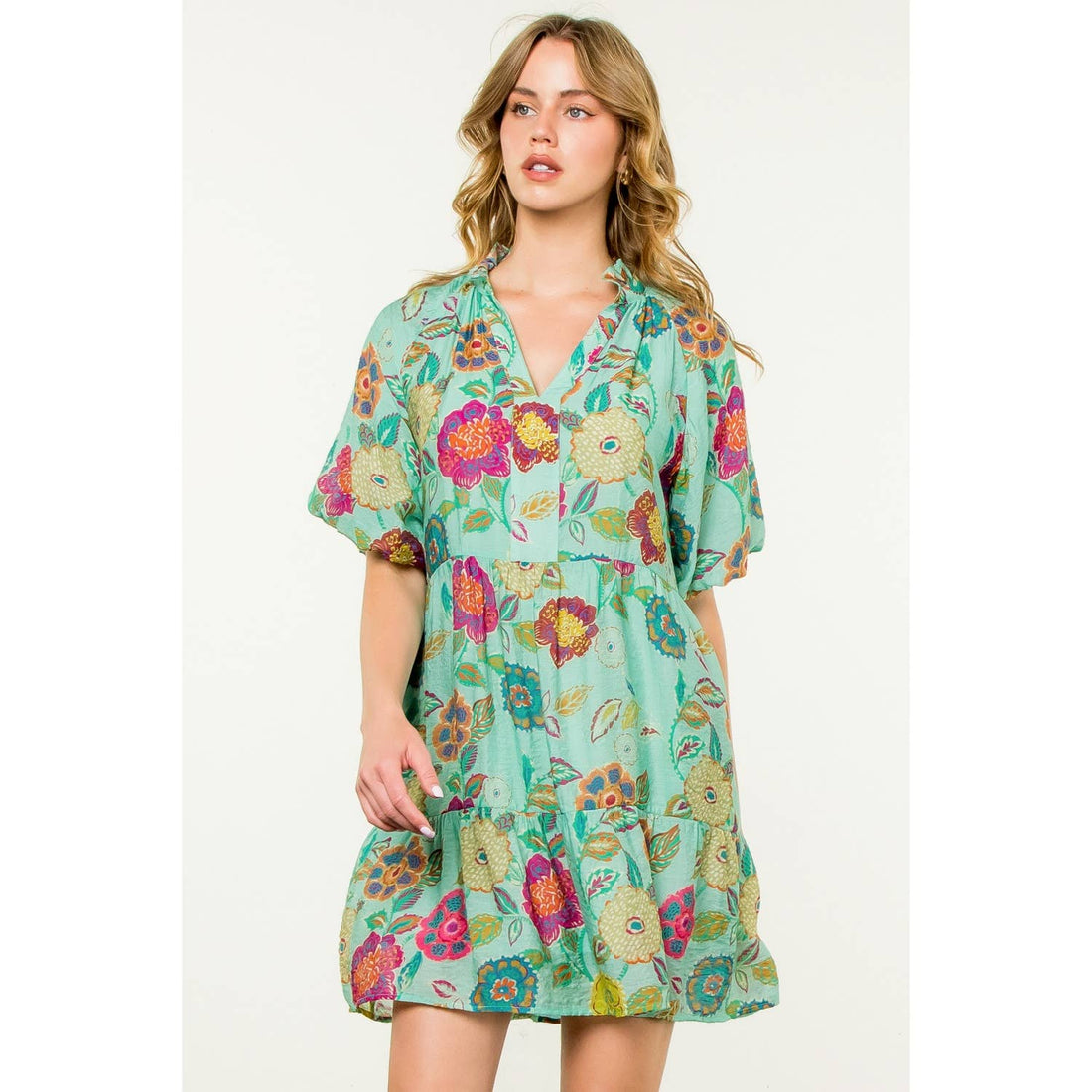 Green Puff Sleeve Floral Dress