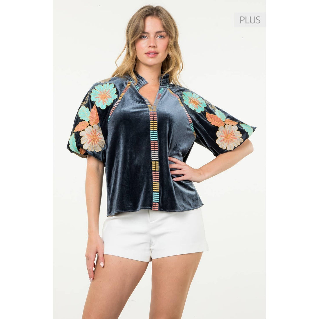 Dark Blue Embroidered Puff Sleeve Velvet Top