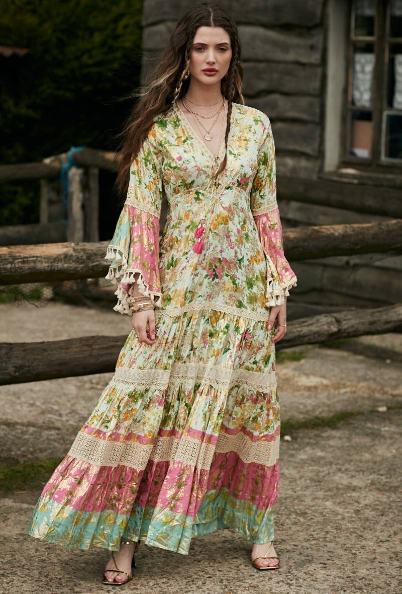 Mercerized printed dress, flared sleeves with tassels