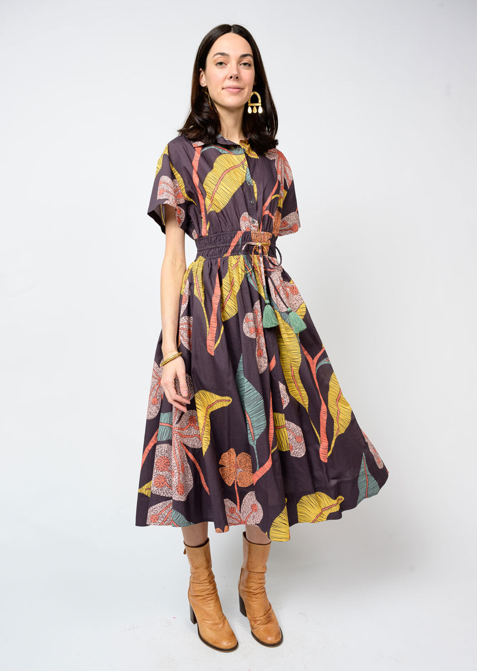 Tropical Leaf Print Midi Dress