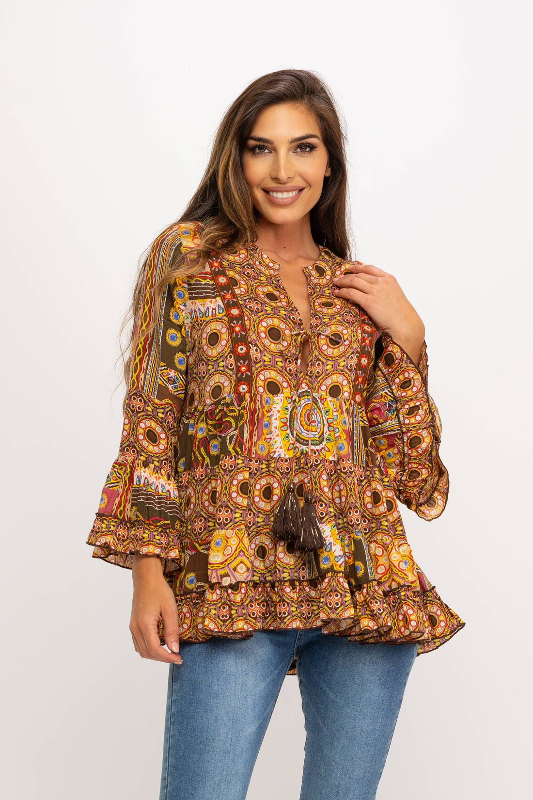 TUNIC PRINTED WITH EMBROIDERY AND MIRRORS