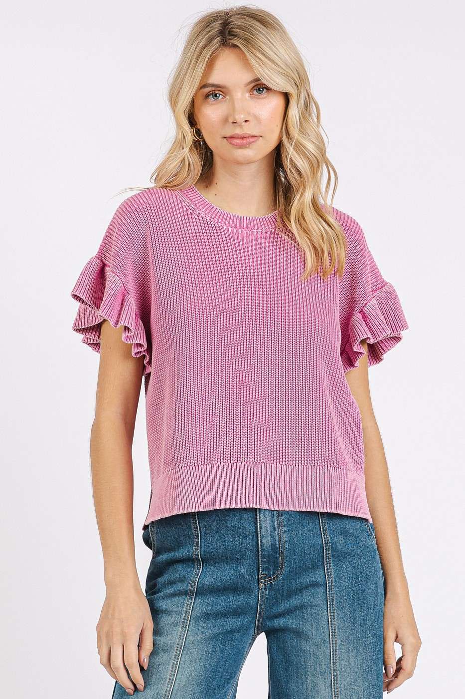 MINERAL WASH RUFFLE SHORT SLEEVE SWEATER TOP