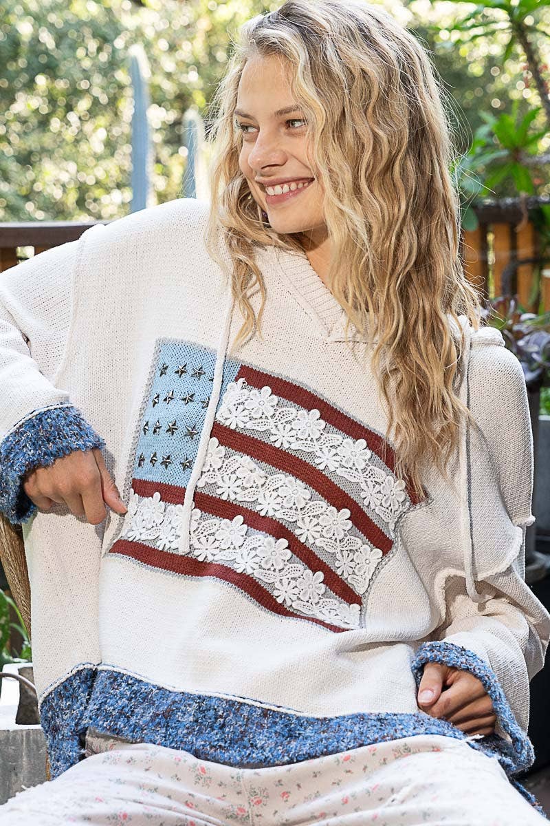 V-neck long sleeve American flag solid sweater