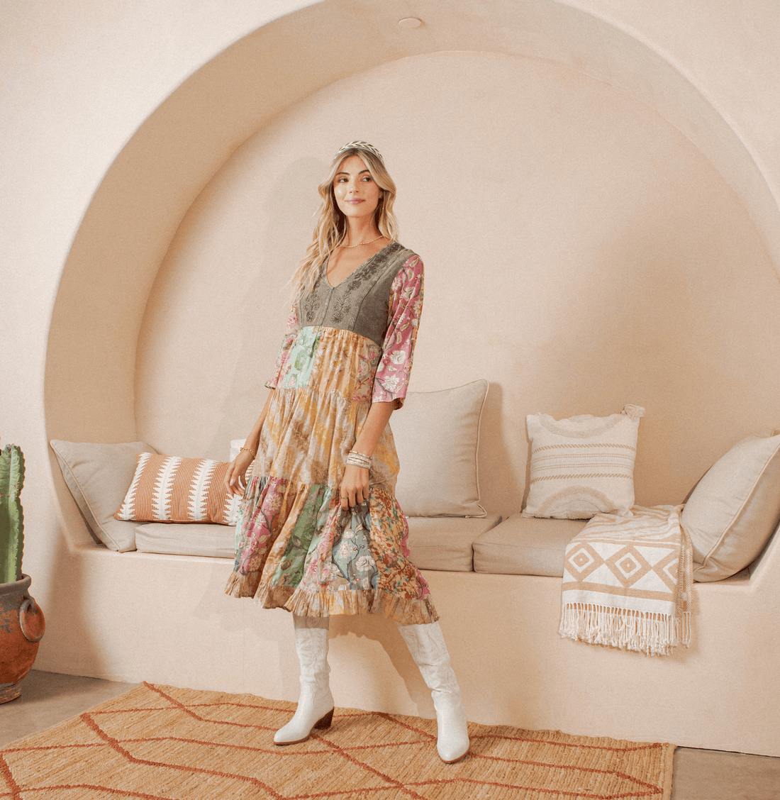 Western Rustic Bohemian Patchwork Midi Dress