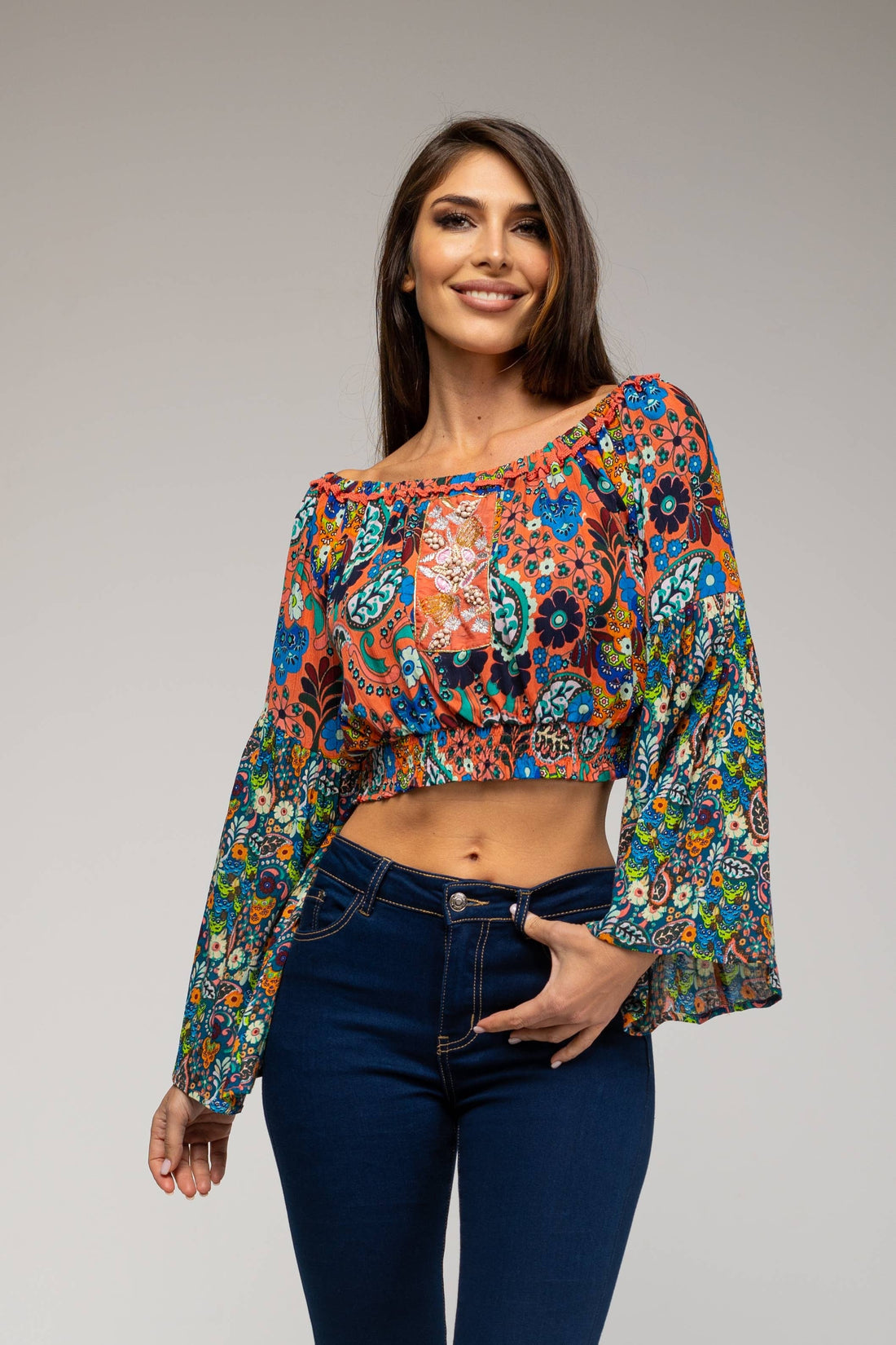 SHORT PRINTED BLOUSE WITH ELASTIC COLLAR PR1069B