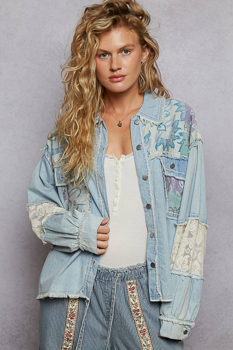 Denim Balloon sleeve printed woven mixed denim shacket