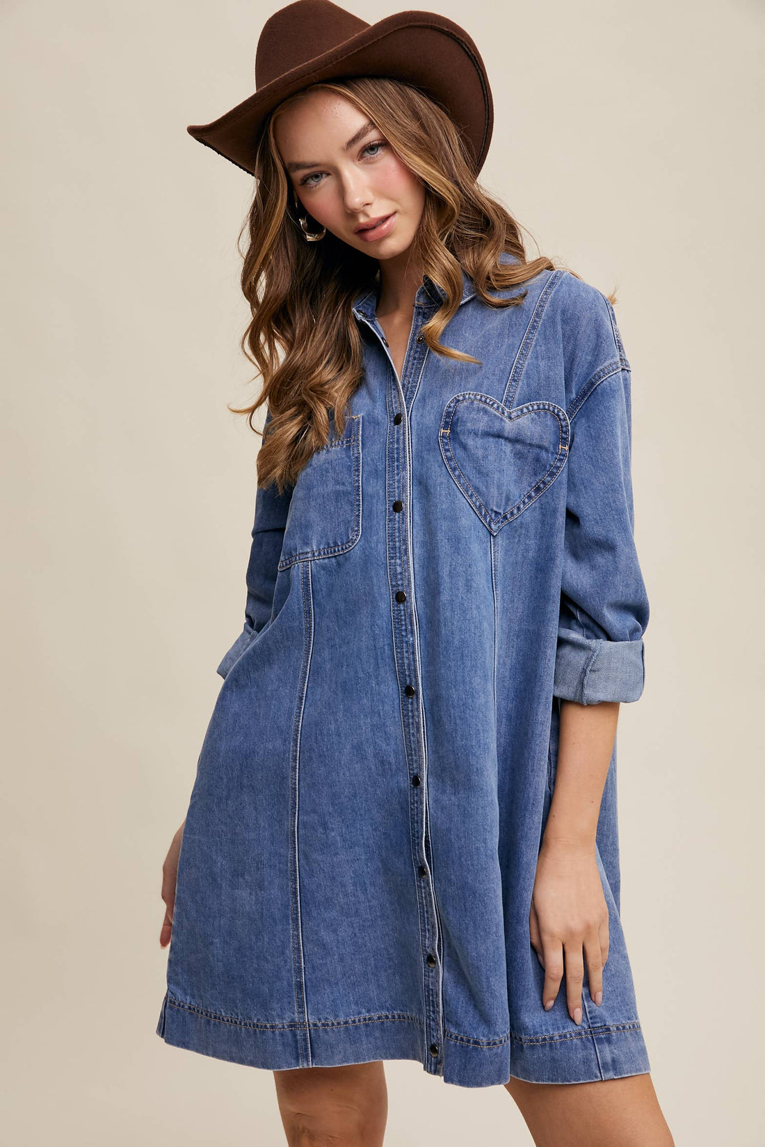 Denim Heart-Pocket Shirt Dress