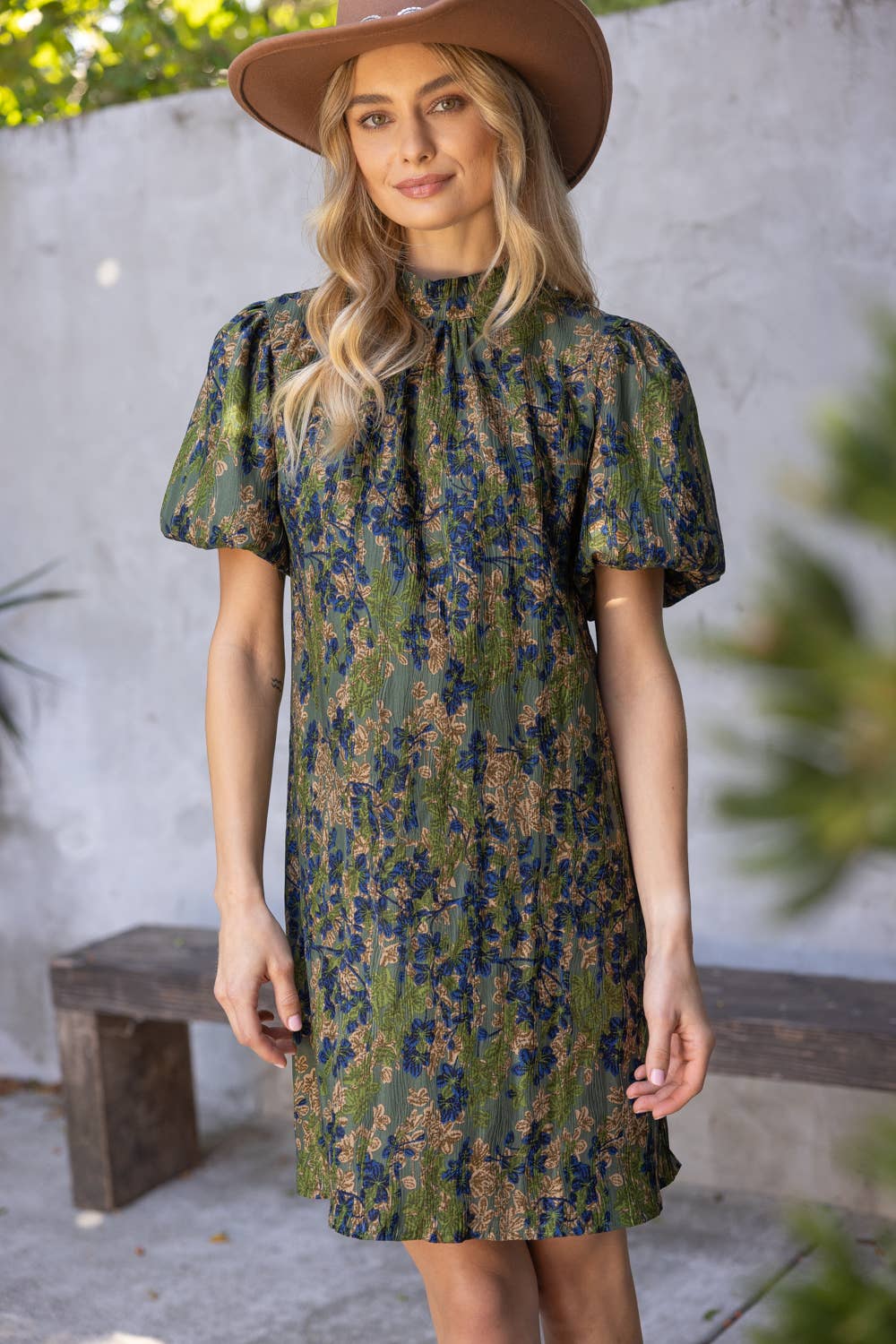 Green Floral High Collar Tie Back Pleated Floral Dress