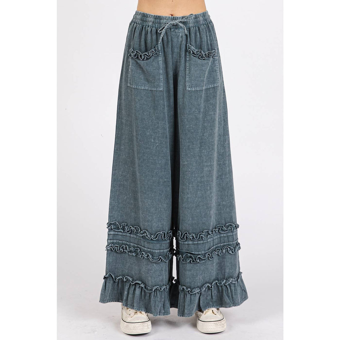 RUFFLE TRIM POCKET MINERAL WASH WIDE LEG PANTS