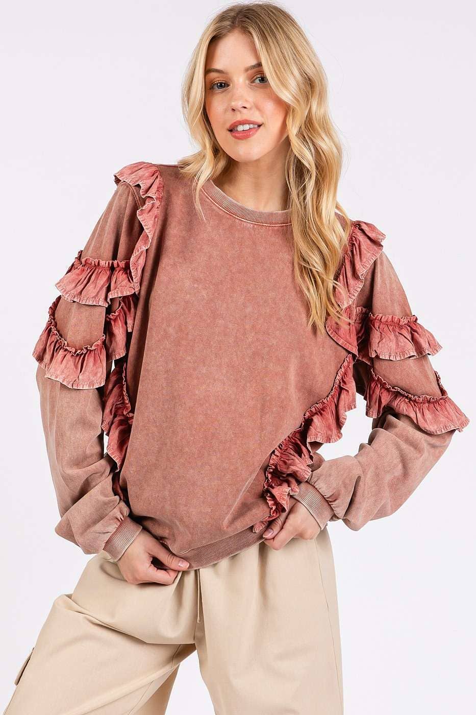 Ruffle Mineral Wash Long Sleeve Pullover Top