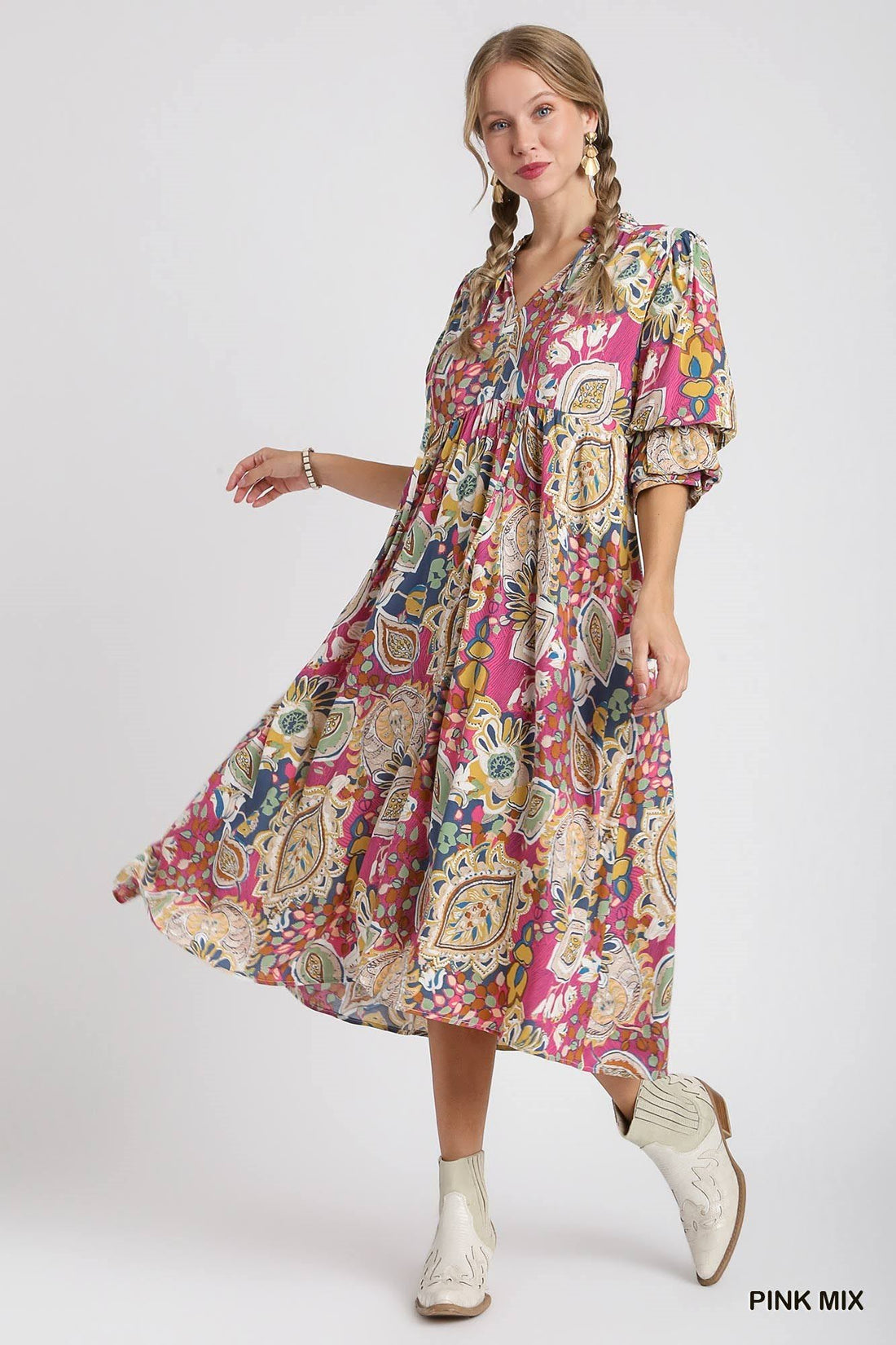 Siena Pink Multicolor Print Midi Dress with Front Tie