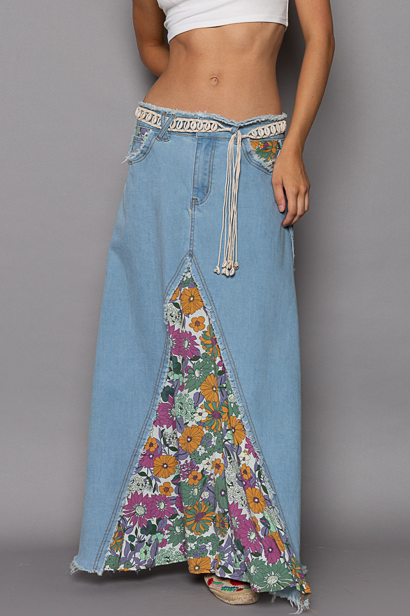 Denim Vintage Floral Long Skirt