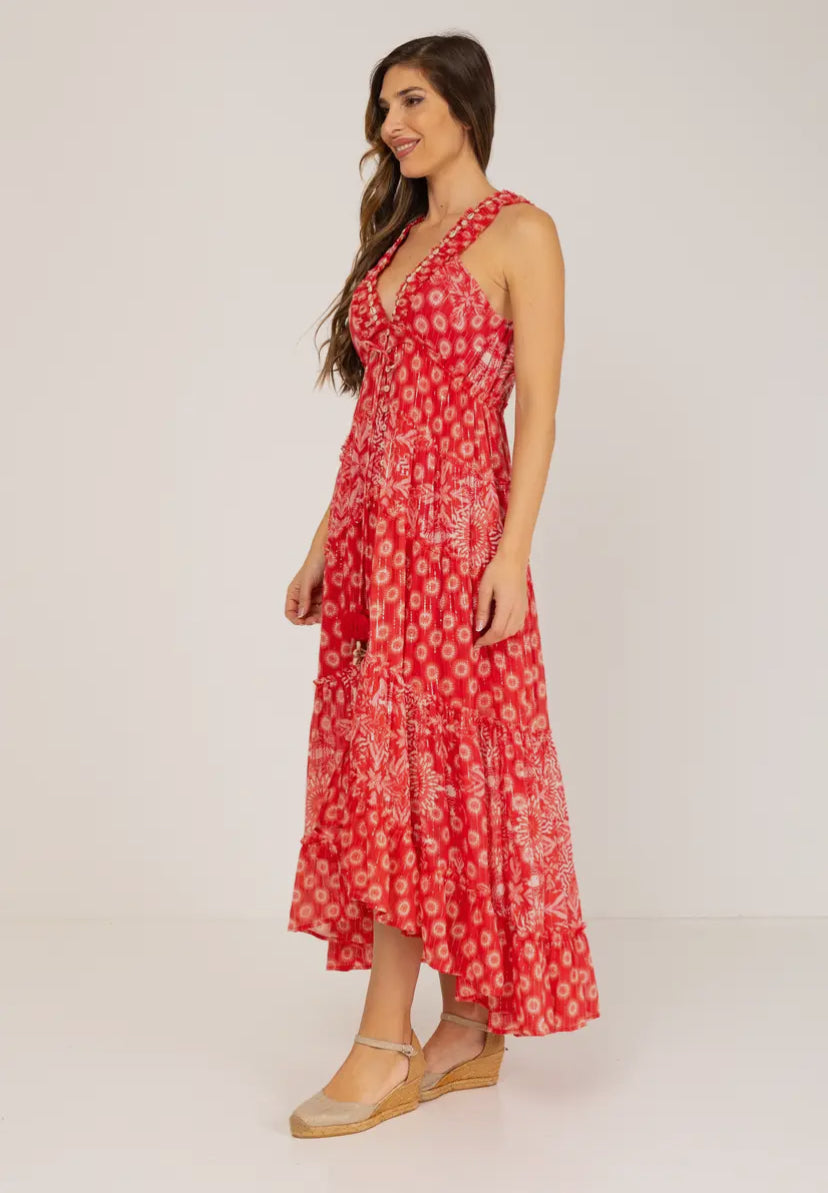 Spanish Red Print Maxi Dress