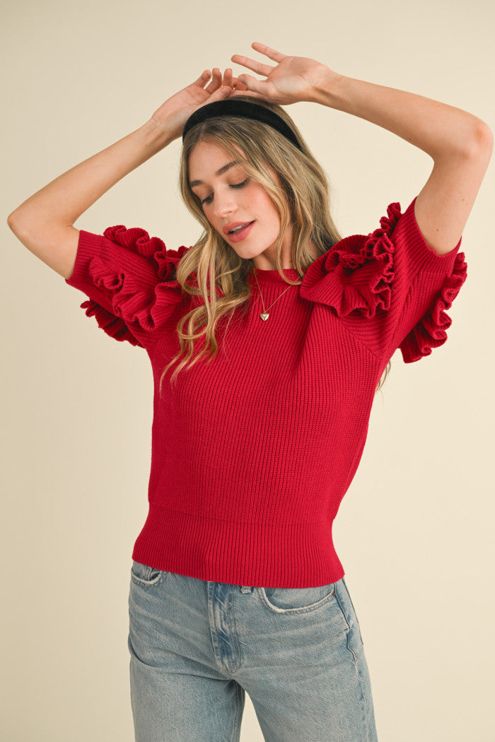 Ruffled Short Sleeve Sweater with Ribbed Accents