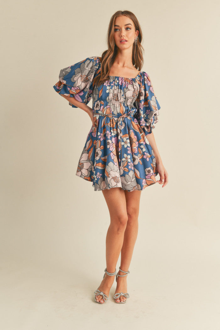 Floral Print Bubble Sleeve Mini Dress