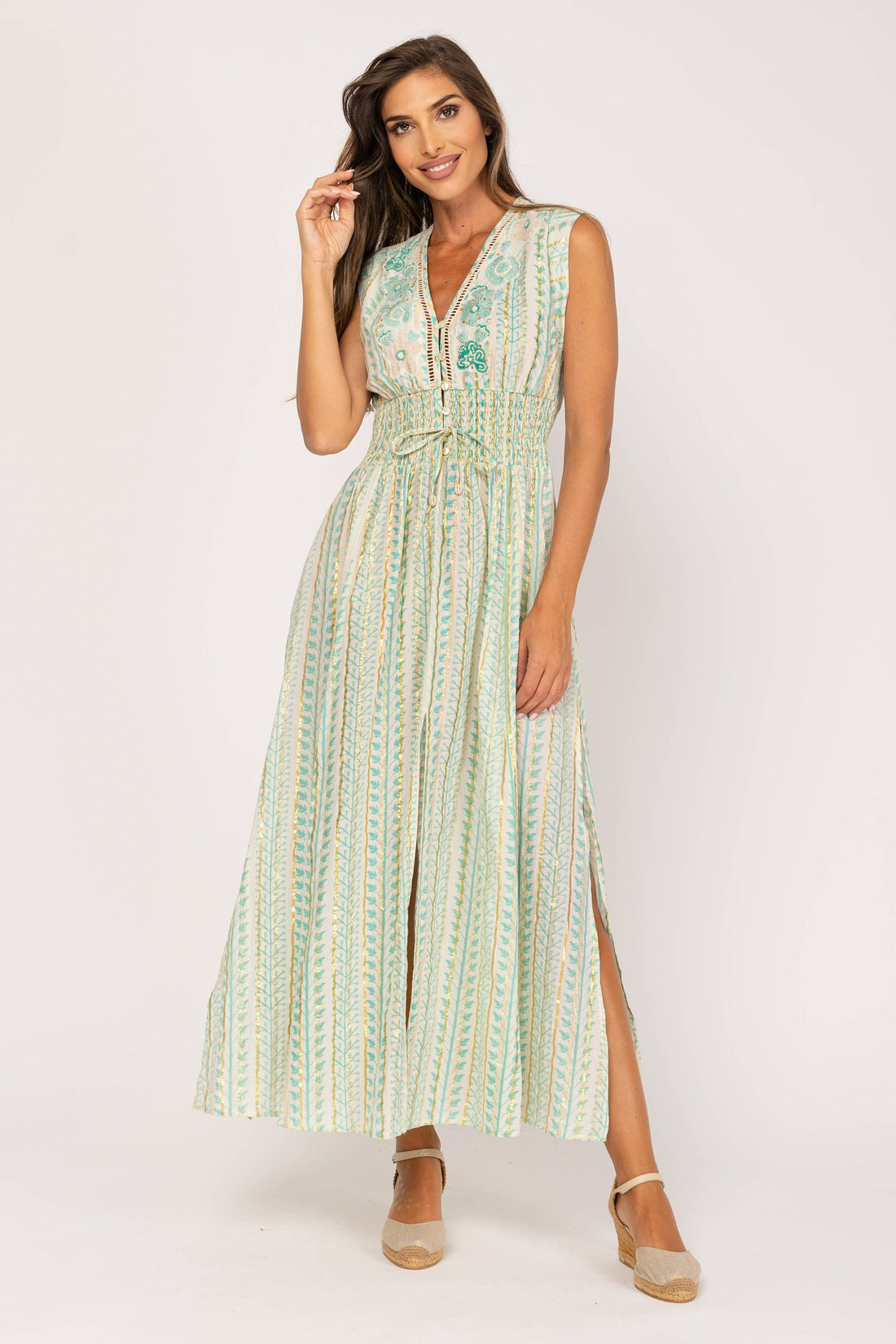 IVORY GREEN GOLD EMBROIDERED LONG DRESS