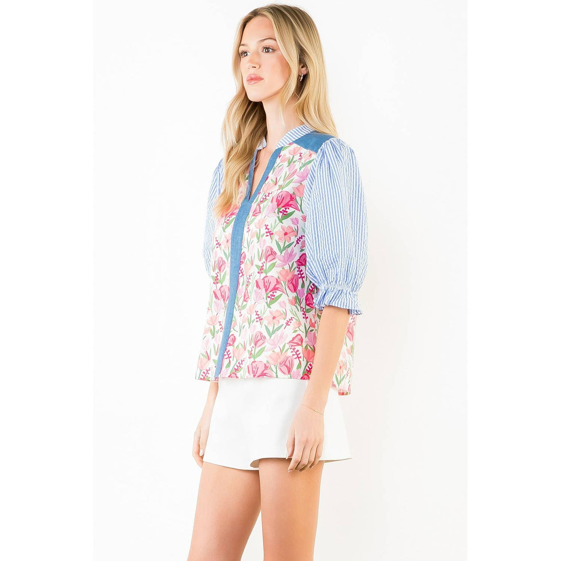 Puff Sleeve Mixed Media V-Neck Top