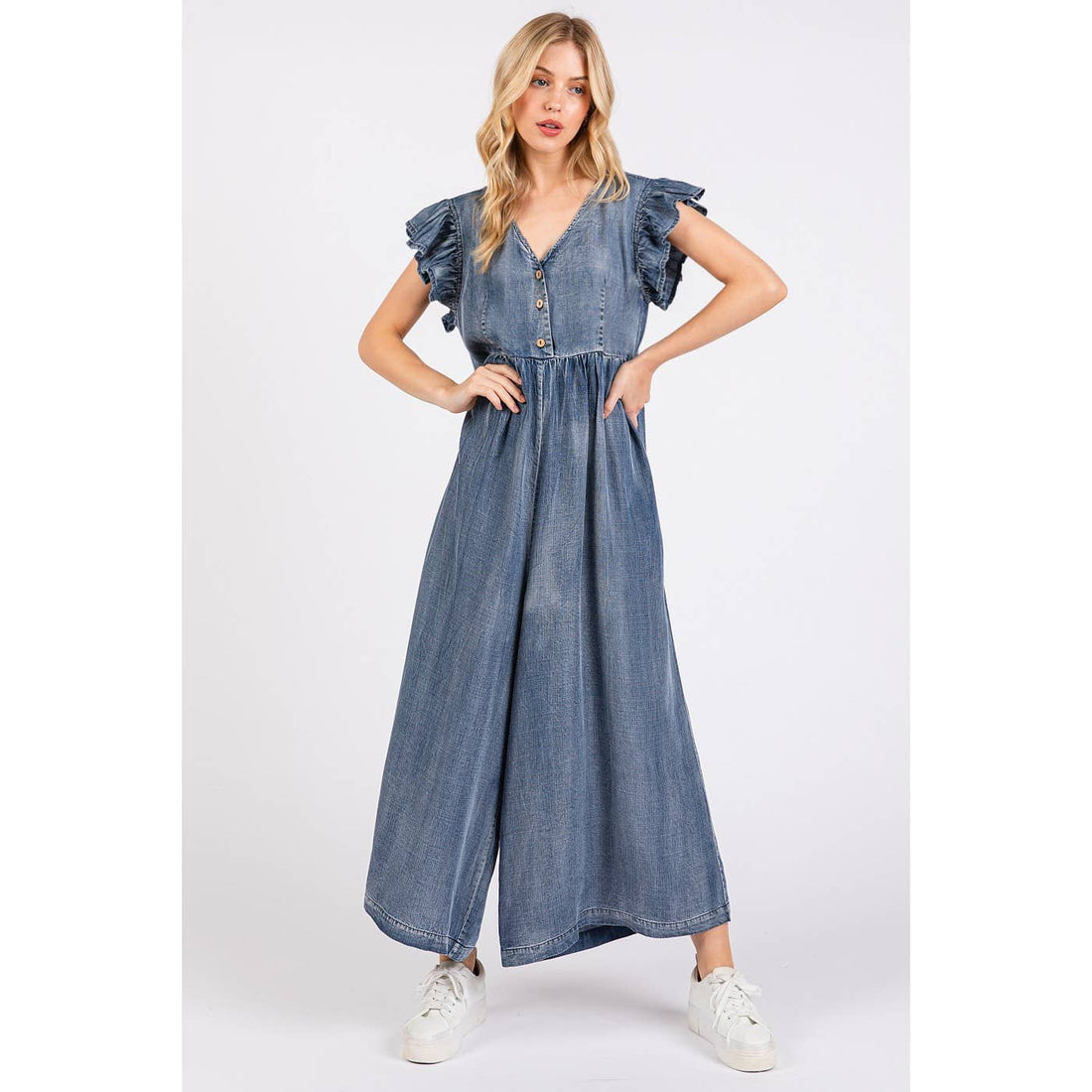 WASHED CHAMBRAY RUFFLE SLEEVE WIDE LEG JUMPSUIT