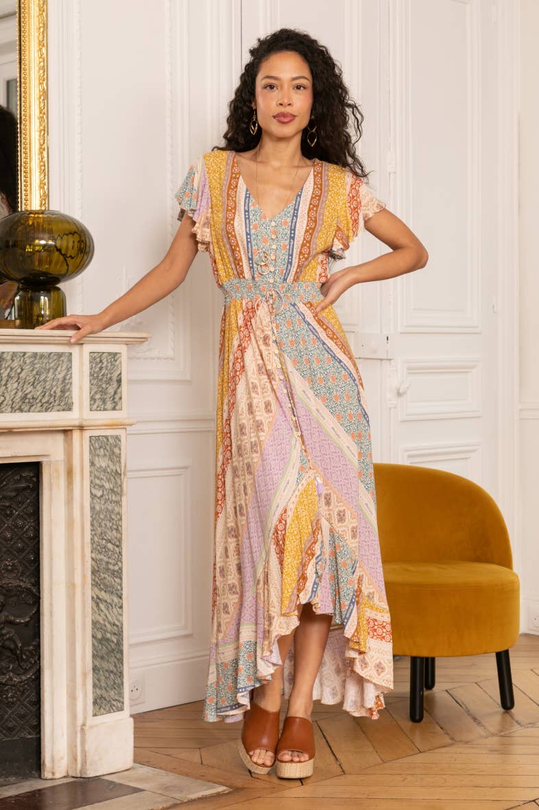 Multicolor BOHO Asymmetric Dress with Tassels