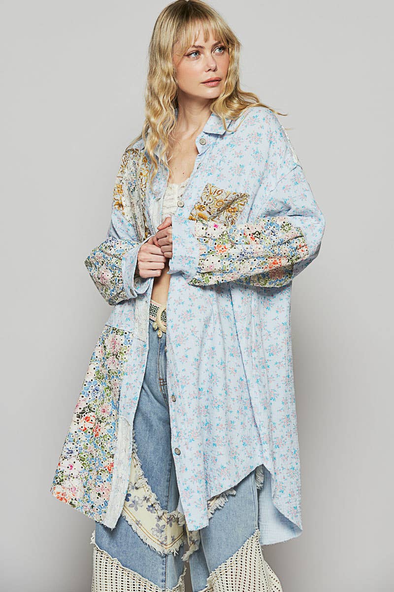 Blue Floral Long sleeve double gauze floral peace shirt
