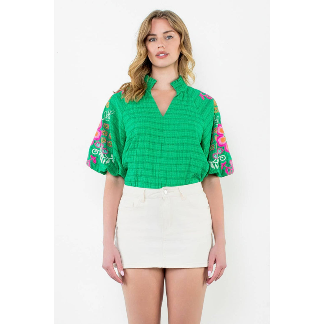 Kelly Green Embroidered Puff Sleeve V-Neck Top