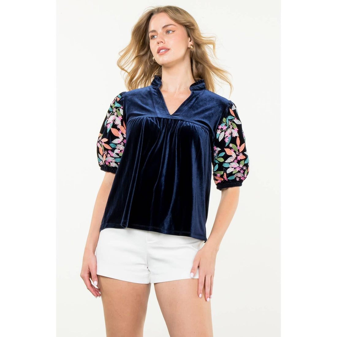 Embroidered Puff Sleeve Velvet Top