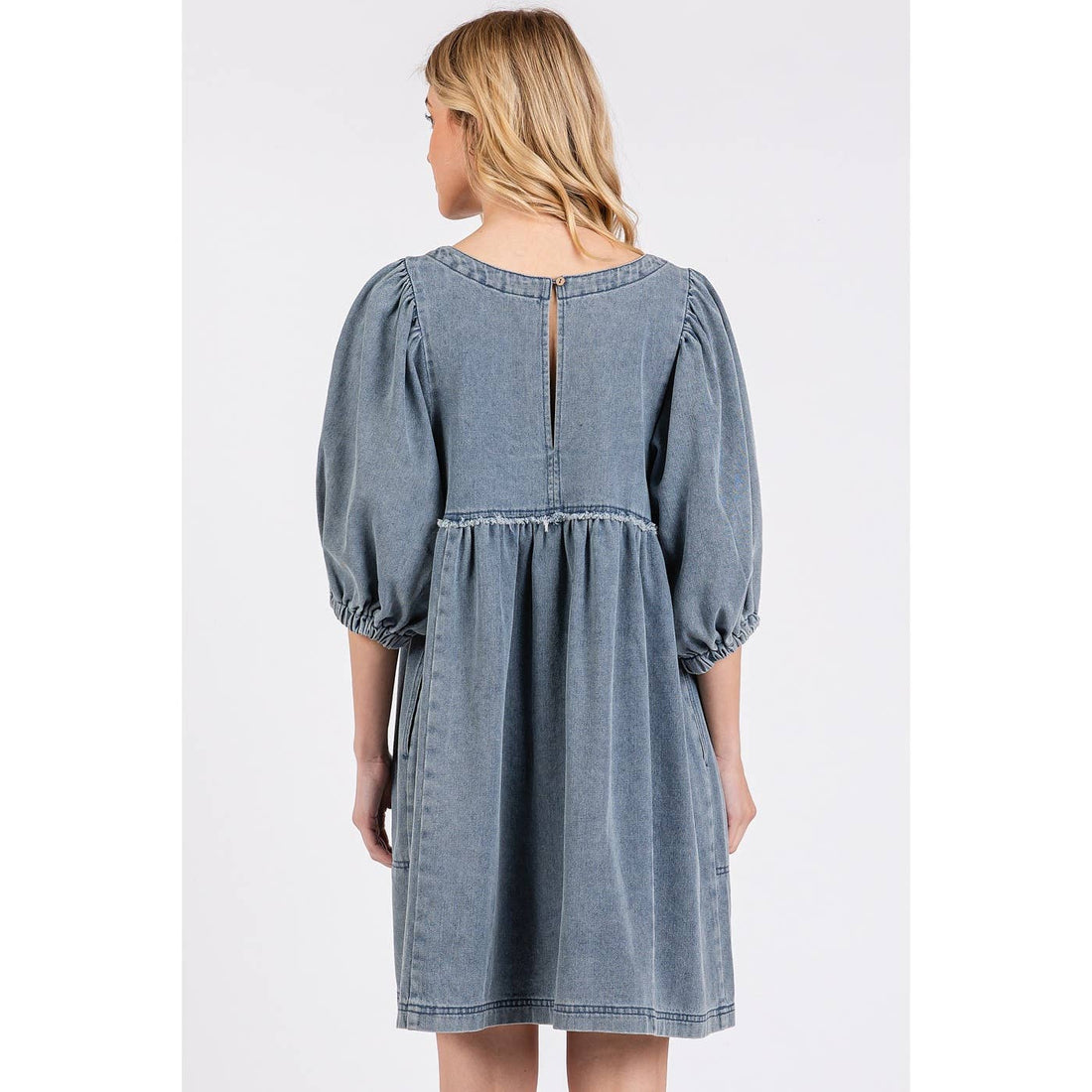 WASHED DENIM PUFF SLEEVE BABYDOLL MINI DRESS