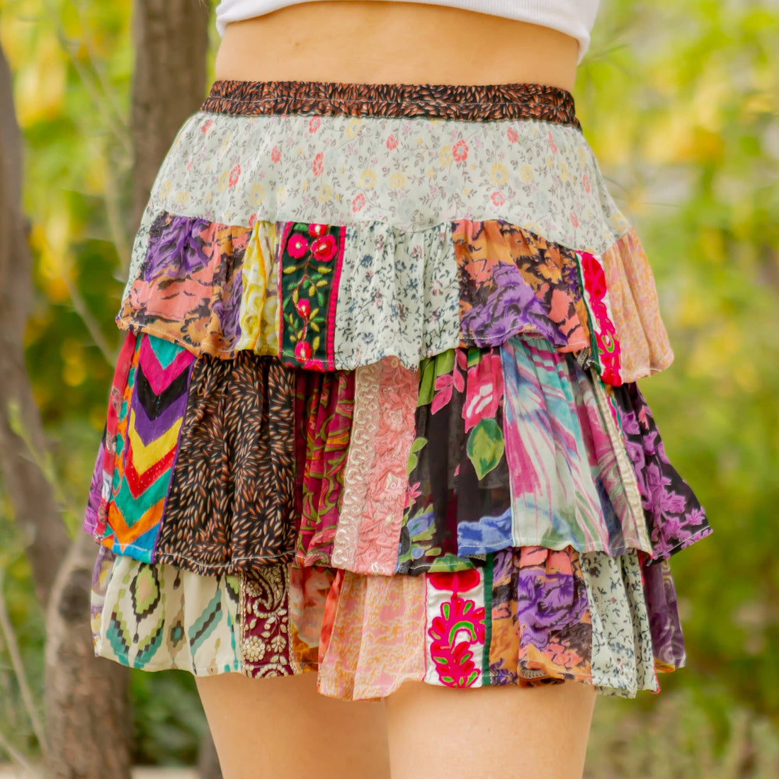 Western Mini Skirt with Tiered Ruffles in Patchwork & Fully Lined