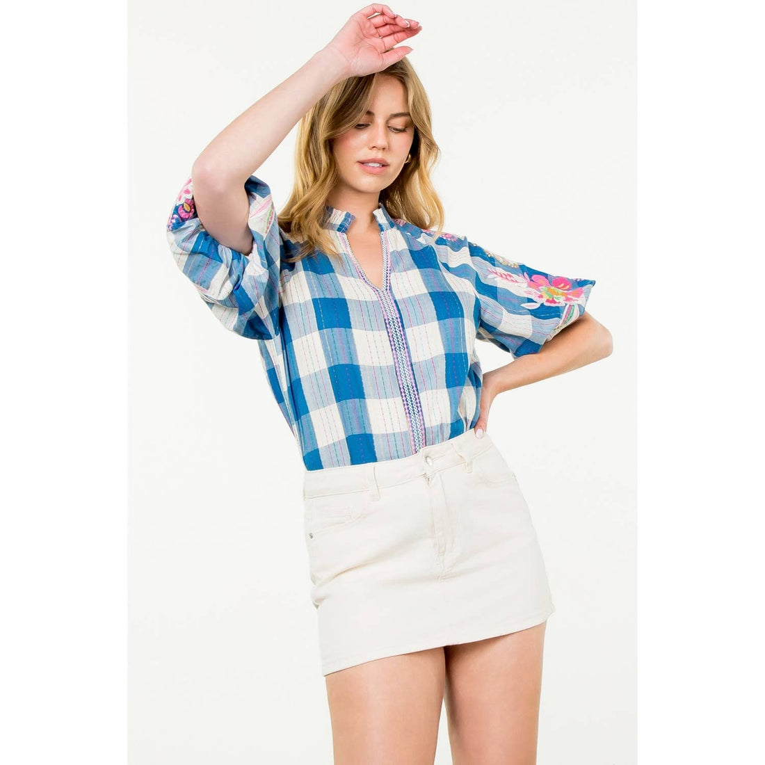 BLUE Embroidered Puff Sleeve Plaid Top