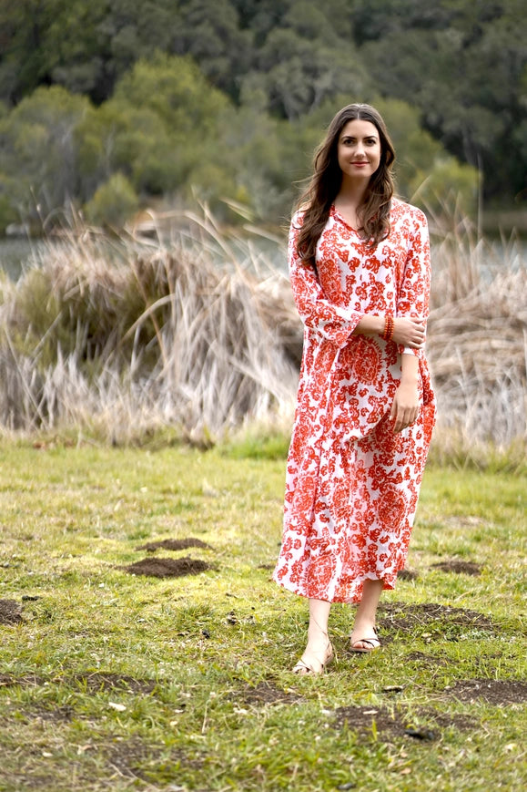 Marsala Boho Calypso Block Print Long Sleeves Dress