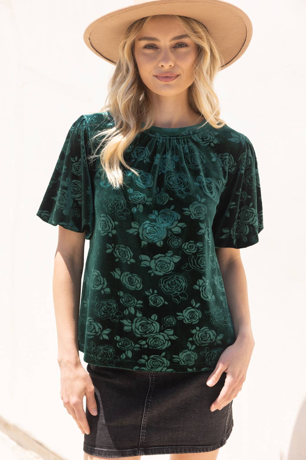 Green Rose Textured Puff Sleeve Velvet Top